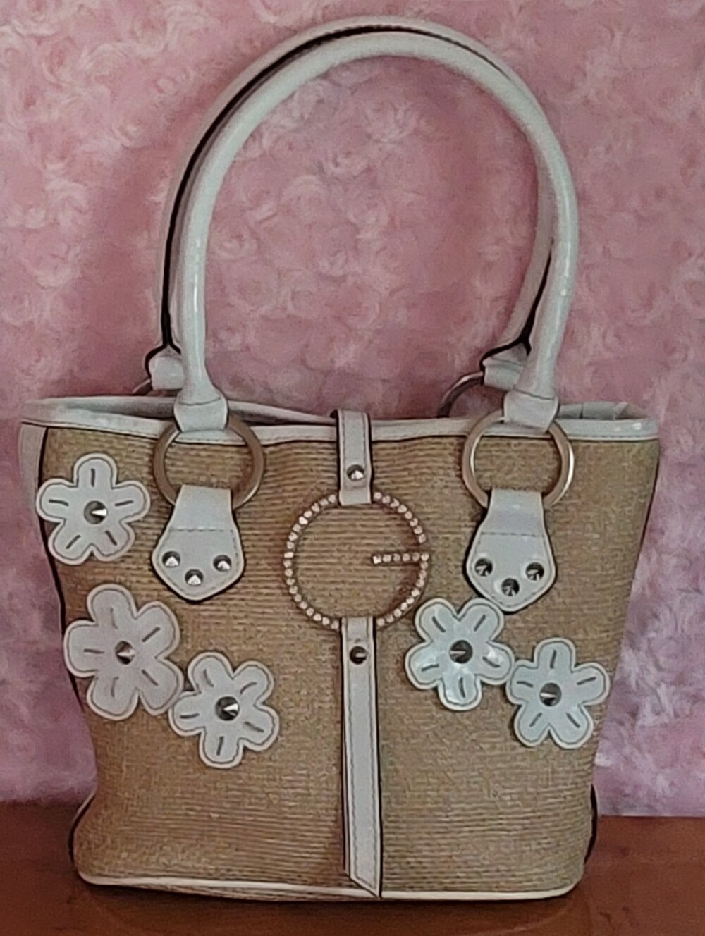 White Trim Beige Floral Tote Bag